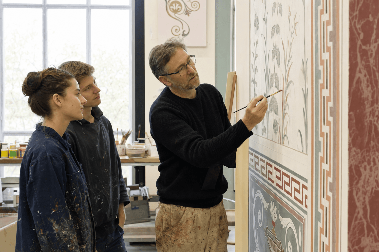 Instructor teaching apprentices mural technique