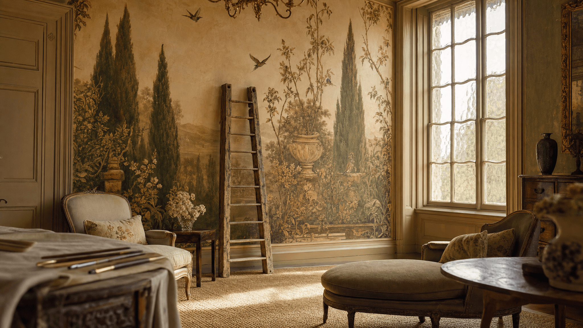 Historic Charleston drawing room with a hand-painted botanical mural installed by Charleston Decorative Arts